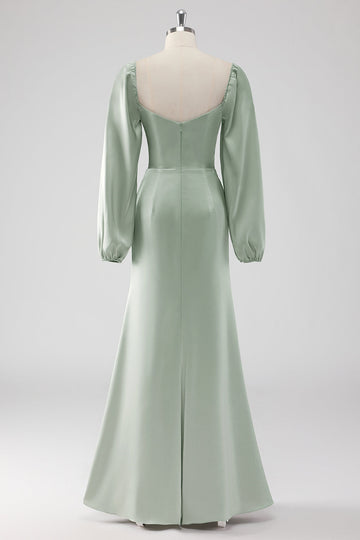 Sage Green Off the Shoulder A Line Long Bridesmaid Dress with Puff Sleeves
